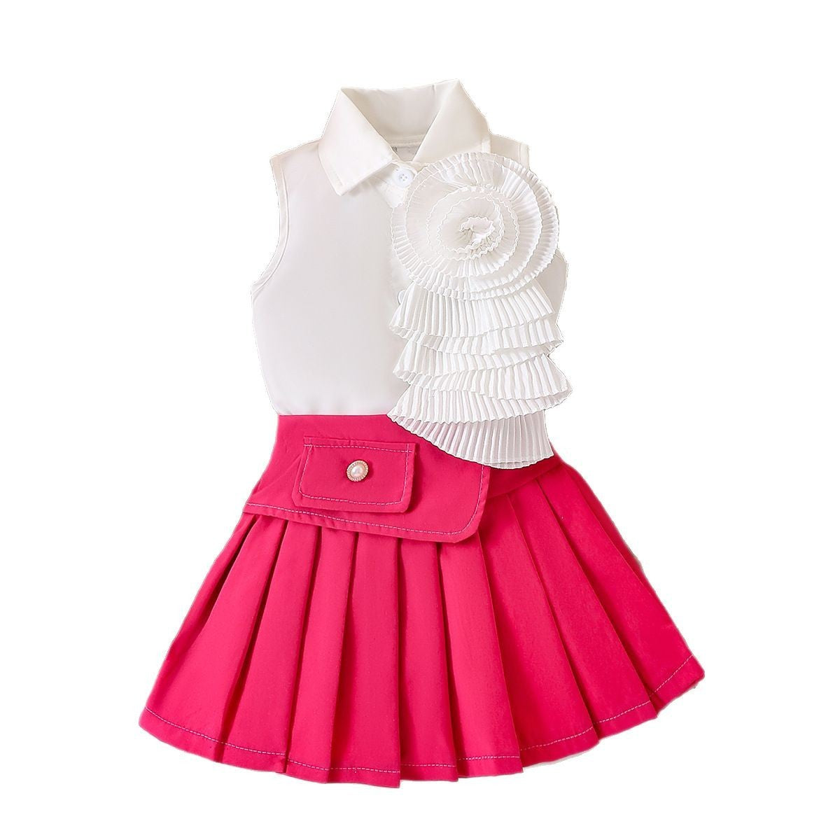 Girl's White Sleeveless Shirt With Rose Red Pleated Skirt Set