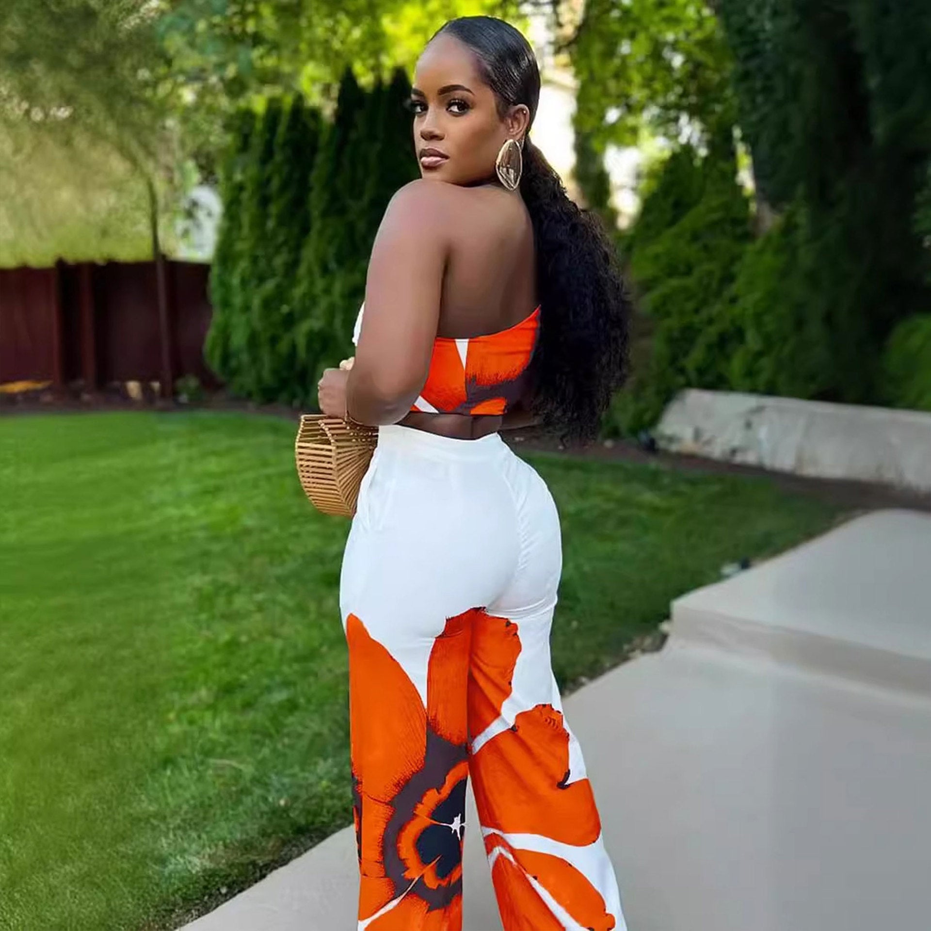 European And American Printed Shoulder Slim-fit Wide-legged Pants Two-piece Set