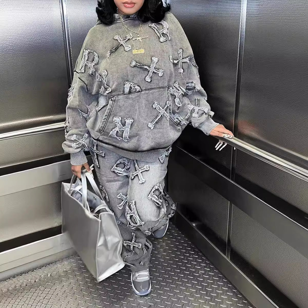 Printed Pocket Long Sleeve Sweater Trousers Suit