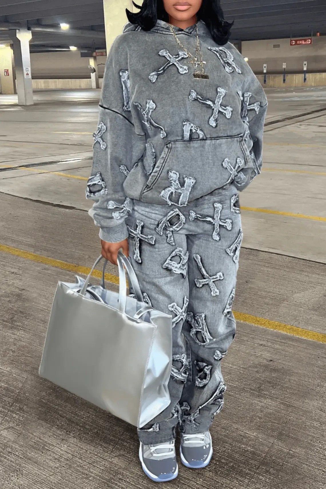 Printed Pocket Long Sleeve Sweater Trousers Suit