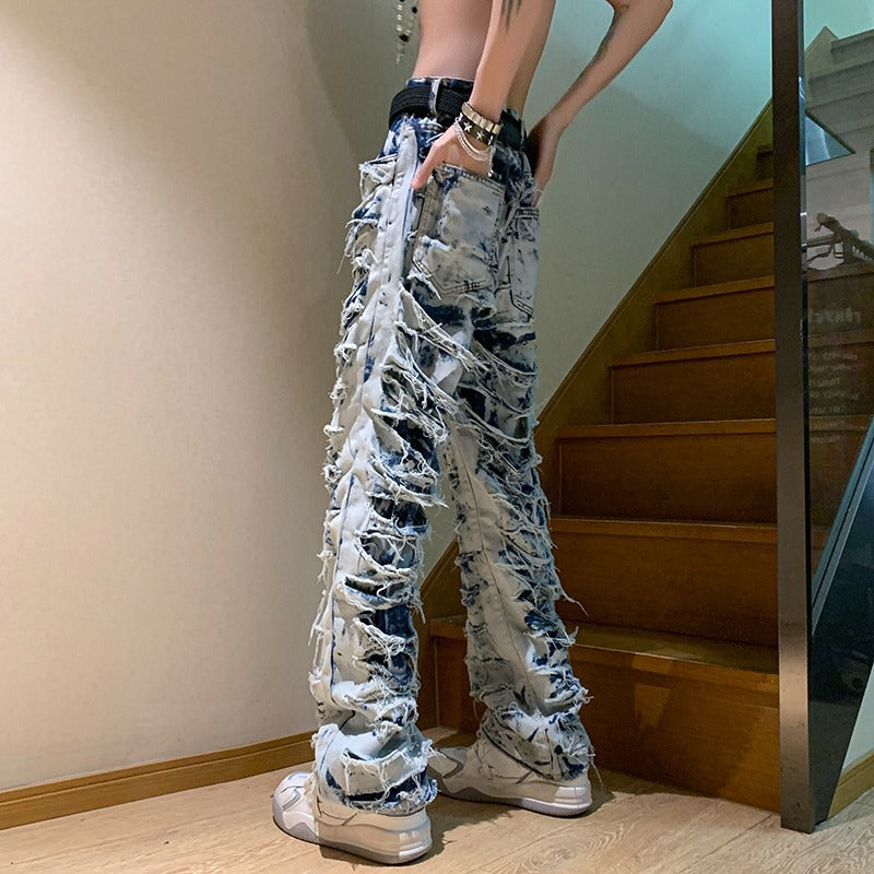 High Street Distressed Frayed Hem Vintage Denim Trousers Men's  Straight Slim Slightly Flared Long Pants