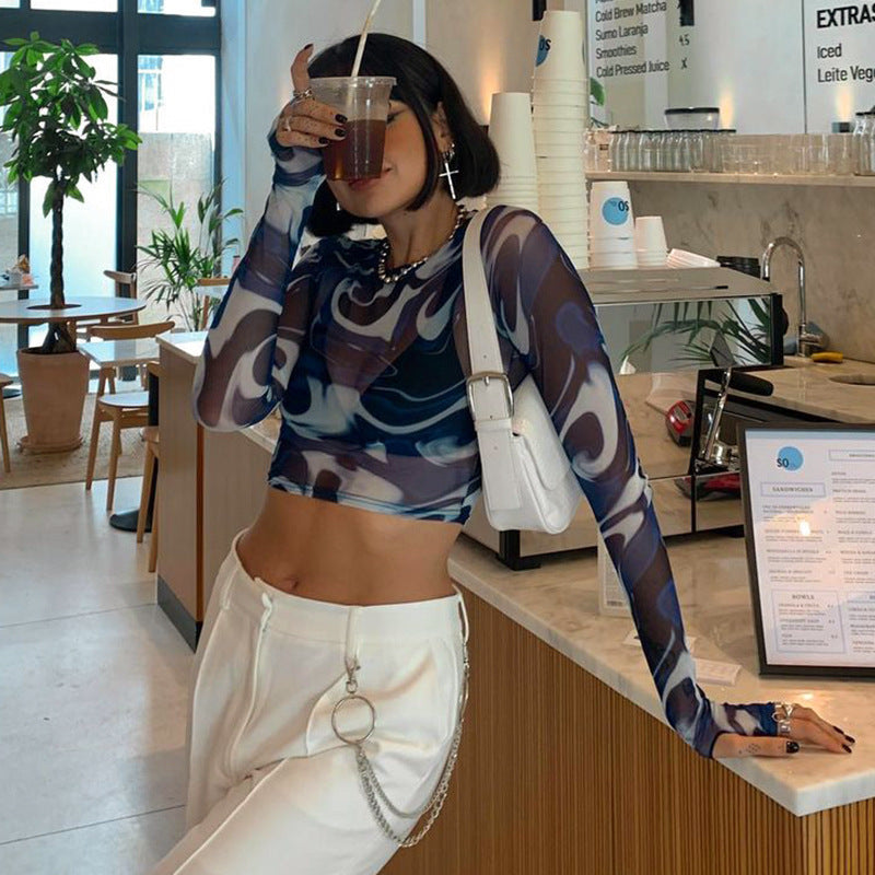 Round Neck Pullover Print Cropped Navel Sleeve Long Sleeve Casual Women's Top