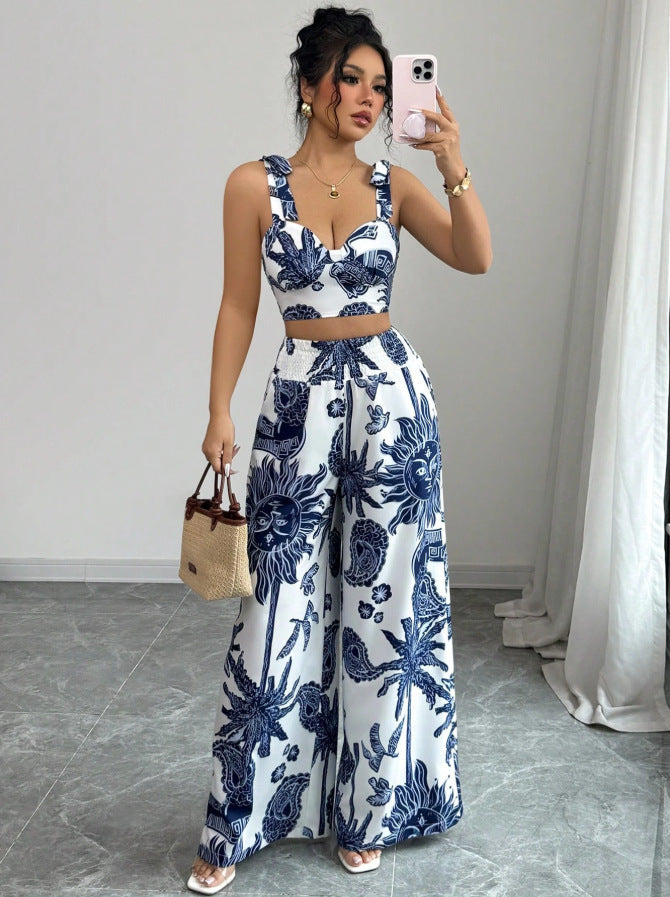 Sexy V-neck Strap Vest Loose Wide Leg Pants