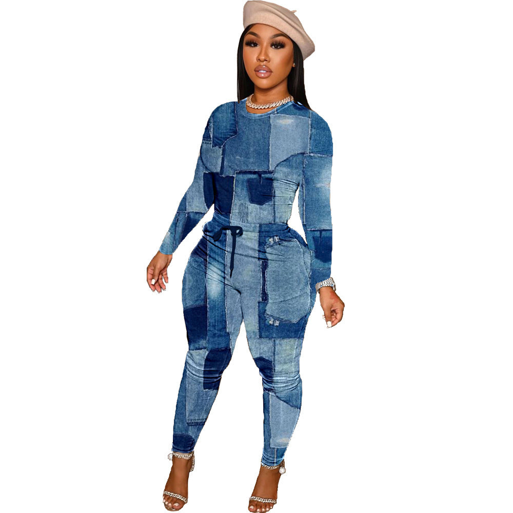 Fashion Denim Printing Two-piece Set