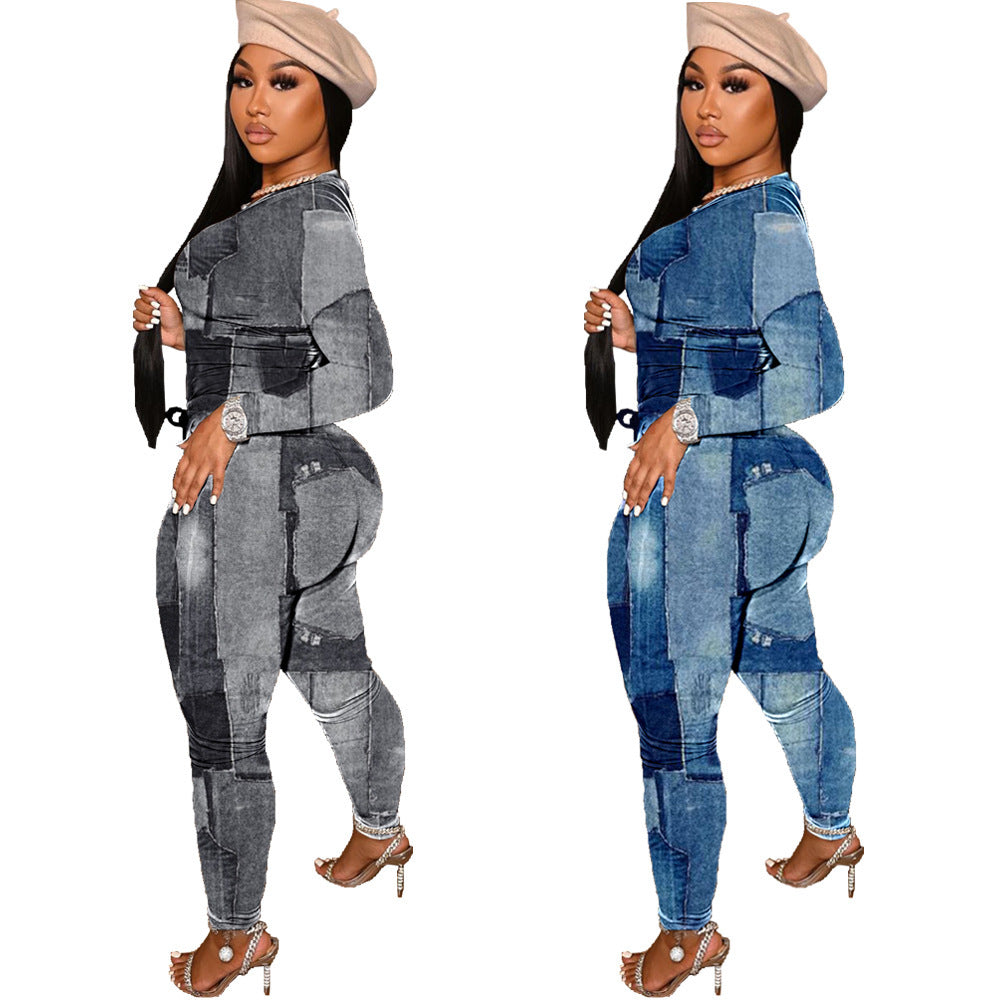 Fashion Denim Printing Two-piece Set