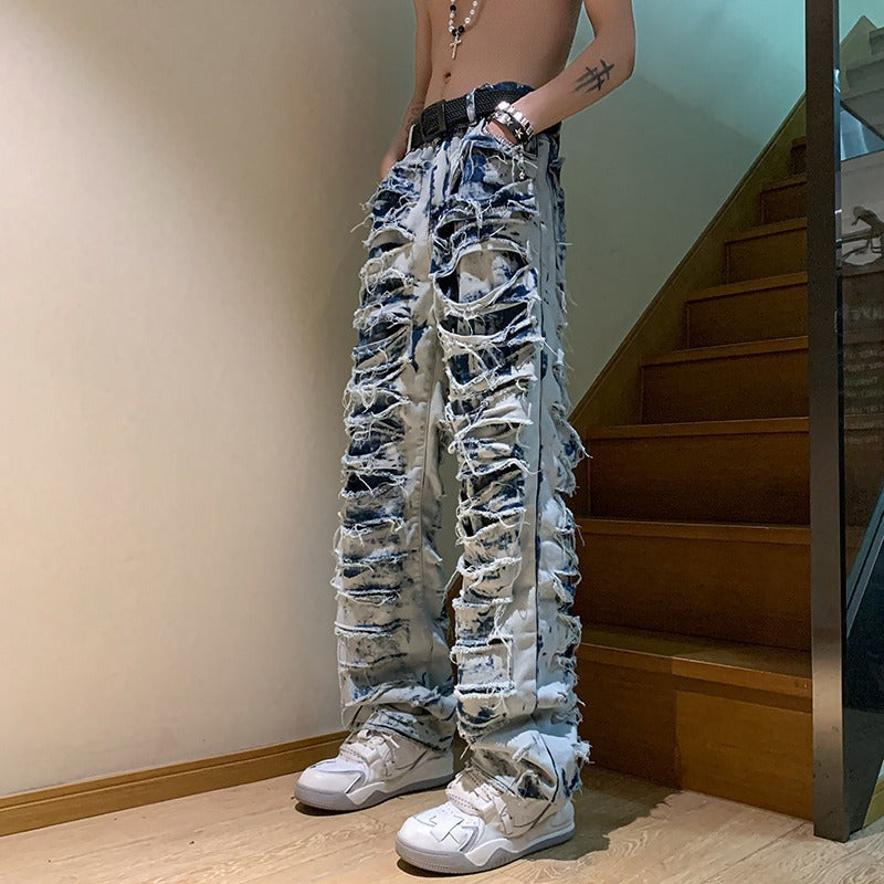 High Street Distressed Frayed Hem Vintage Denim Trousers Men's  Straight Slim Slightly Flared Long Pants