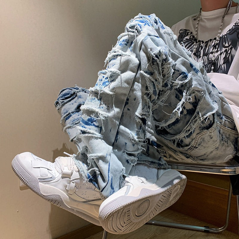 High Street Distressed Frayed Hem Vintage Denim Trousers Men's  Straight Slim Slightly Flared Long Pants