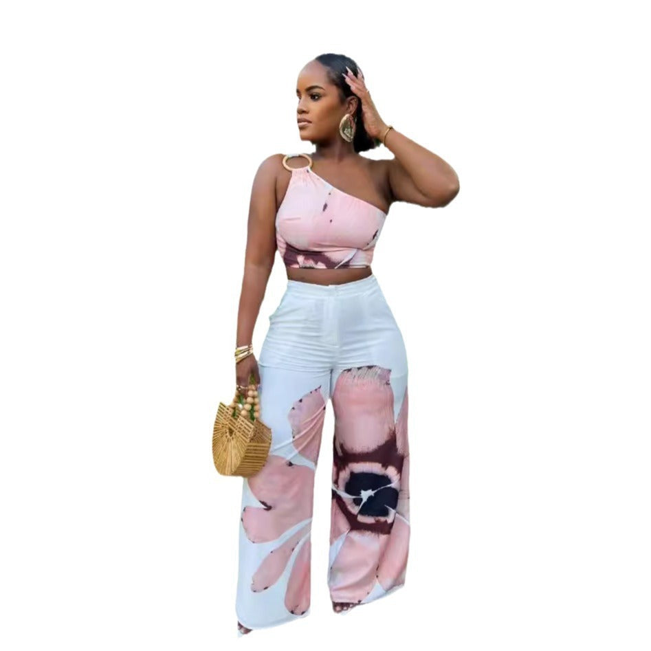 European And American Printed Shoulder Slim-fit Wide-legged Pants Two-piece Set