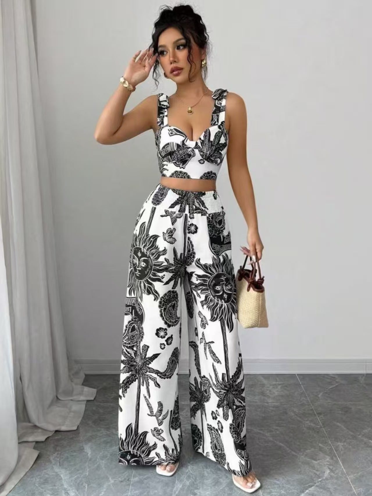 Sexy V-neck Strap Vest Loose Wide Leg Pants