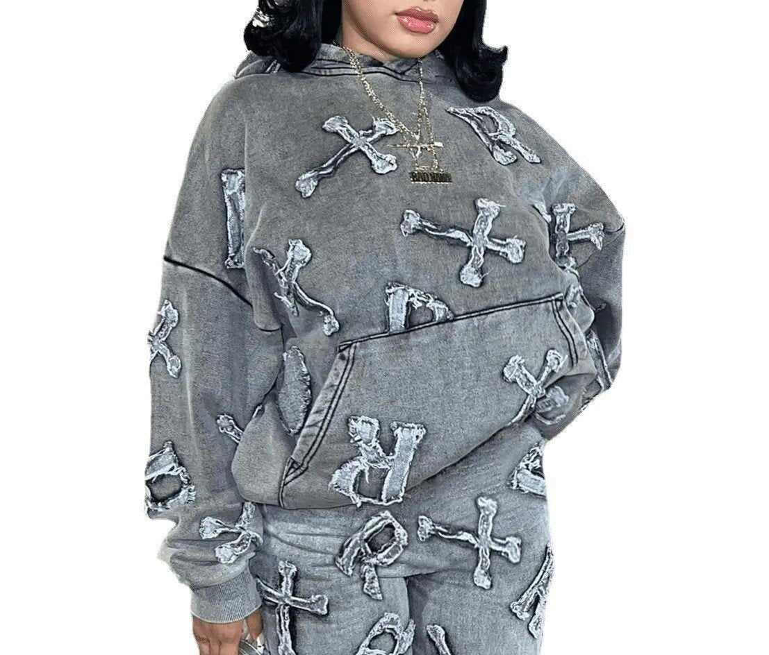 Printed Pocket Long Sleeve Sweater Trousers Suit