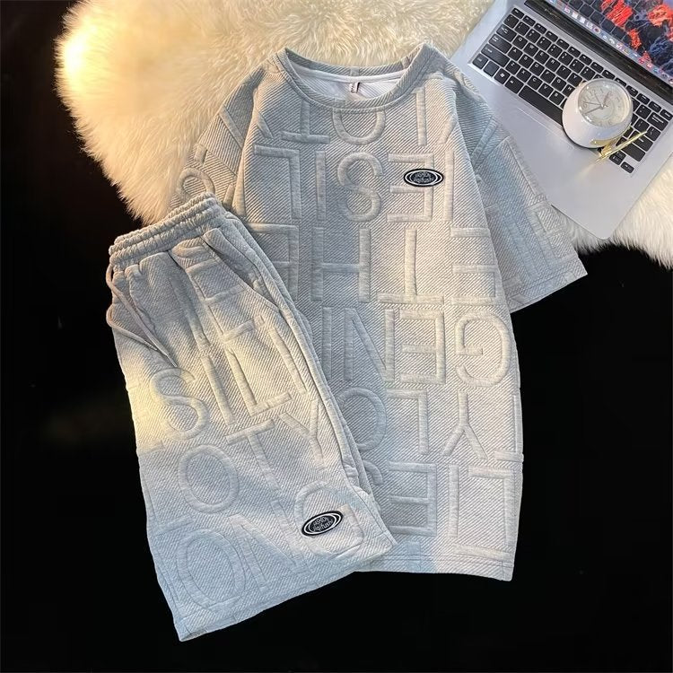 Cross-border casual tracksuit men's and women's waffle preppy short sleeve t-shirt loose letter shorts summer two