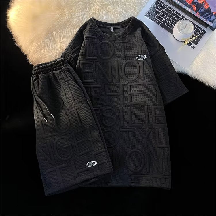 Cross-border casual tracksuit men's and women's waffle preppy short sleeve t-shirt loose letter shorts summer two