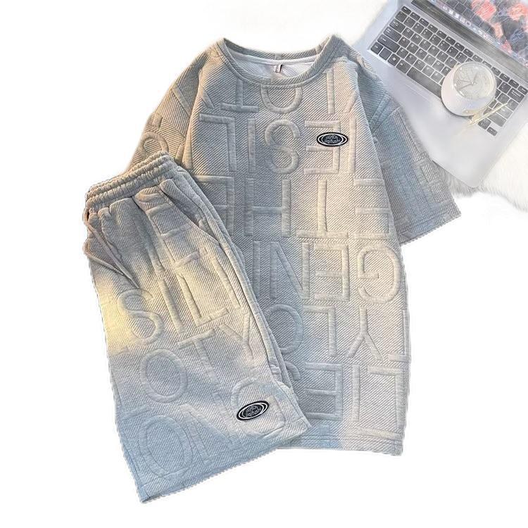 Cross-border casual tracksuit men's and women's waffle preppy short sleeve t-shirt loose letter shorts summer two