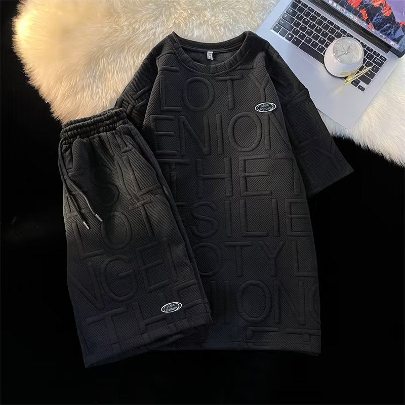 Cross-border casual tracksuit men's and women's waffle preppy short sleeve t-shirt loose letter shorts summer two