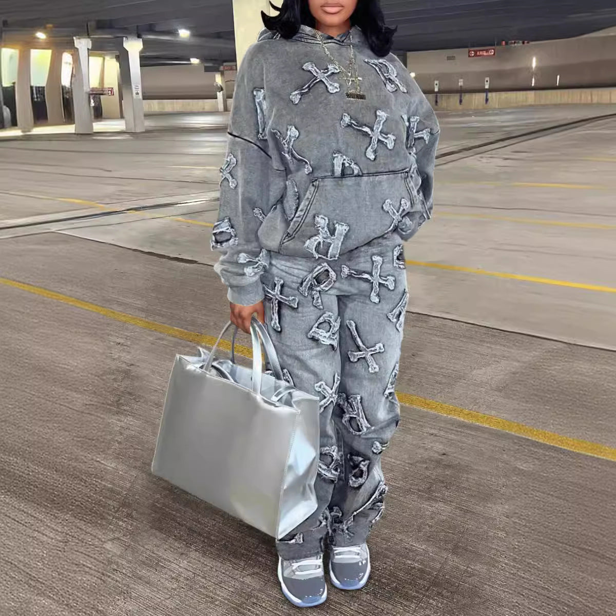 Printed Pocket Long Sleeve Sweater Trousers Suit