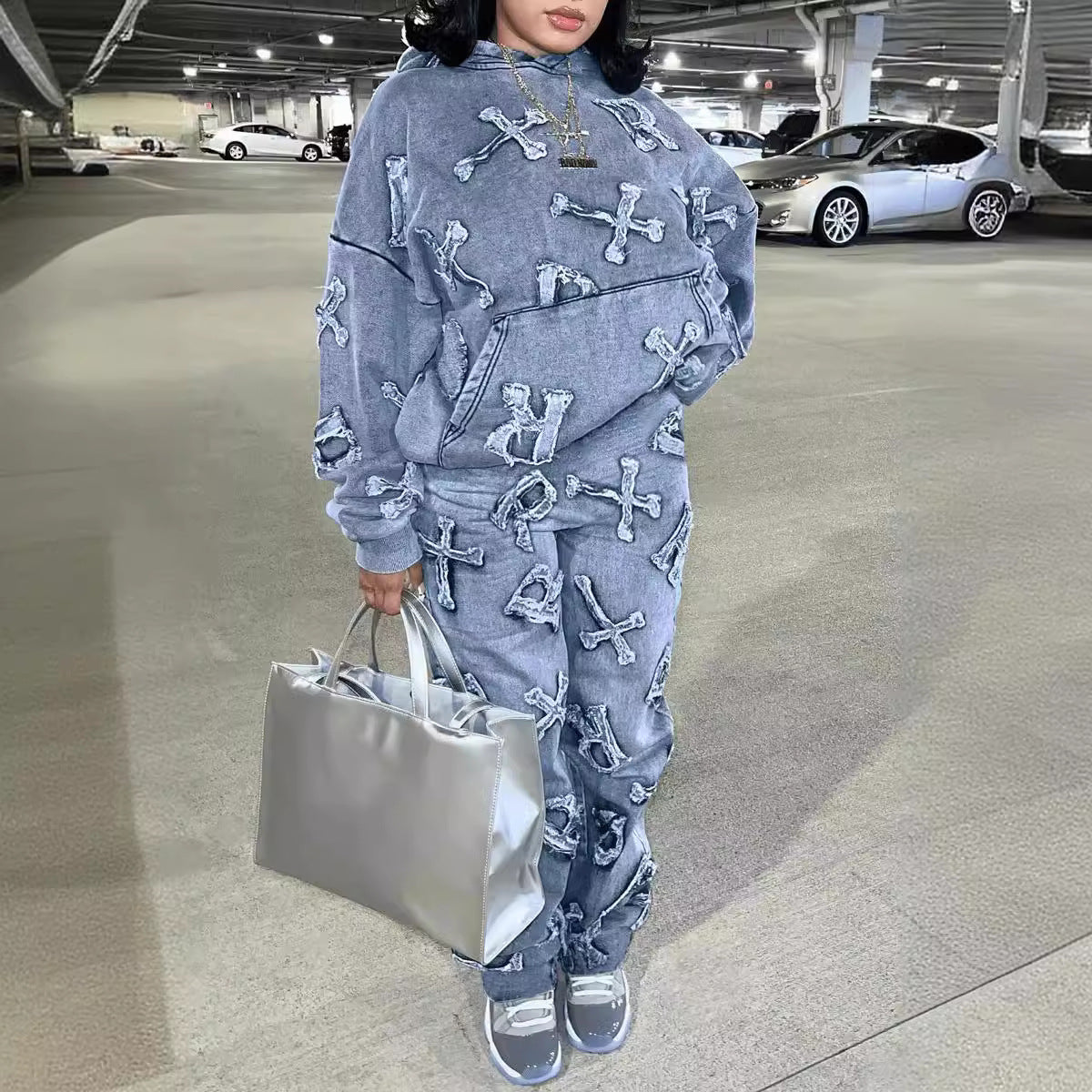 Printed Pocket Long Sleeve Sweater Trousers Suit