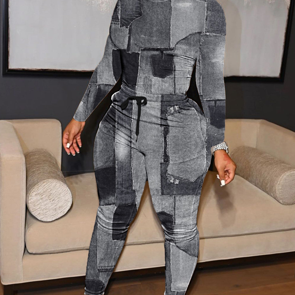 Fashion Denim Printing Two-piece Set