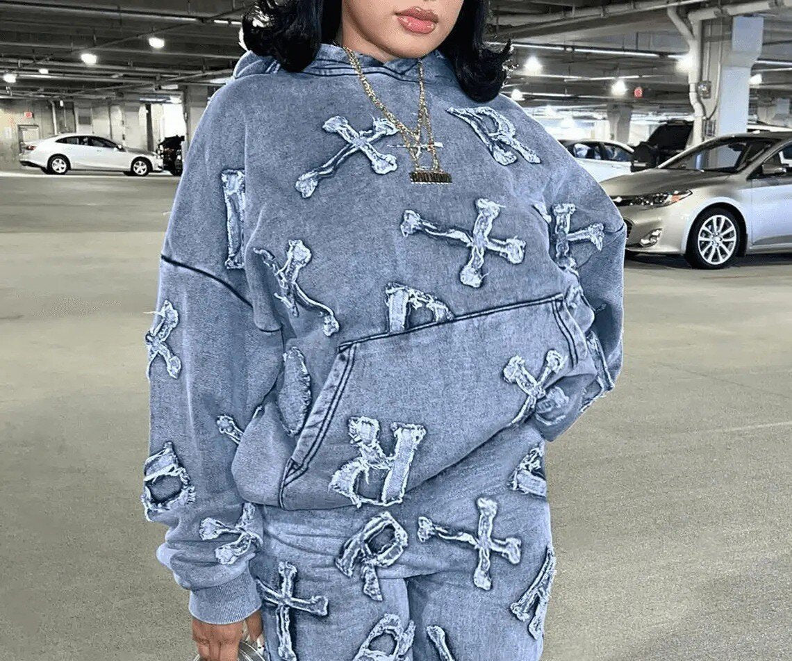 Printed Pocket Long Sleeve Sweater Trousers Suit