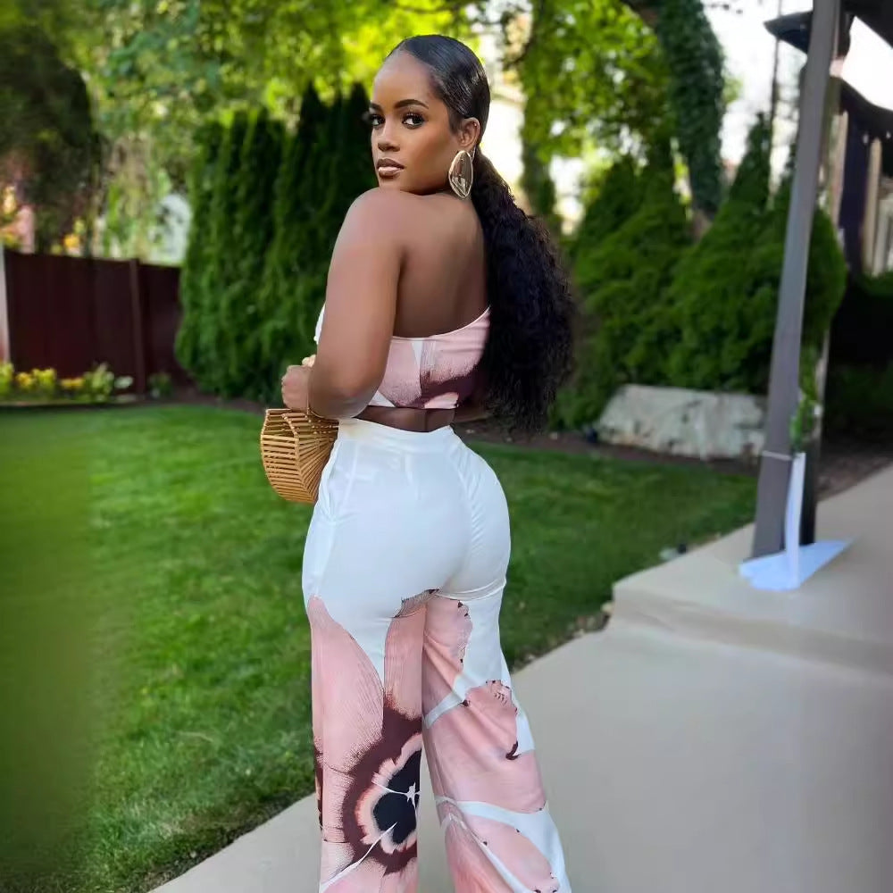 European And American Printed Shoulder Slim-fit Wide-legged Pants Two-piece Set