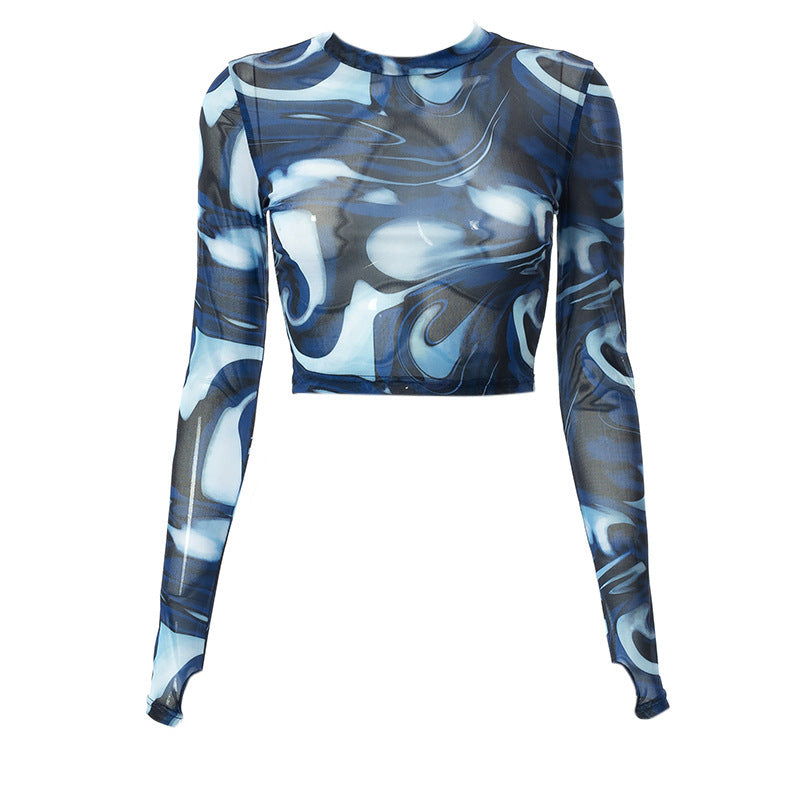 Round Neck Pullover Print Cropped Navel Sleeve Long Sleeve Casual Women's Top