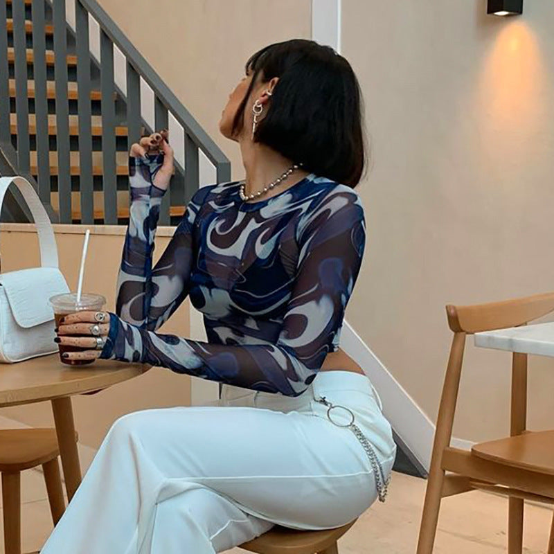 Round Neck Pullover Print Cropped Navel Sleeve Long Sleeve Casual Women's Top