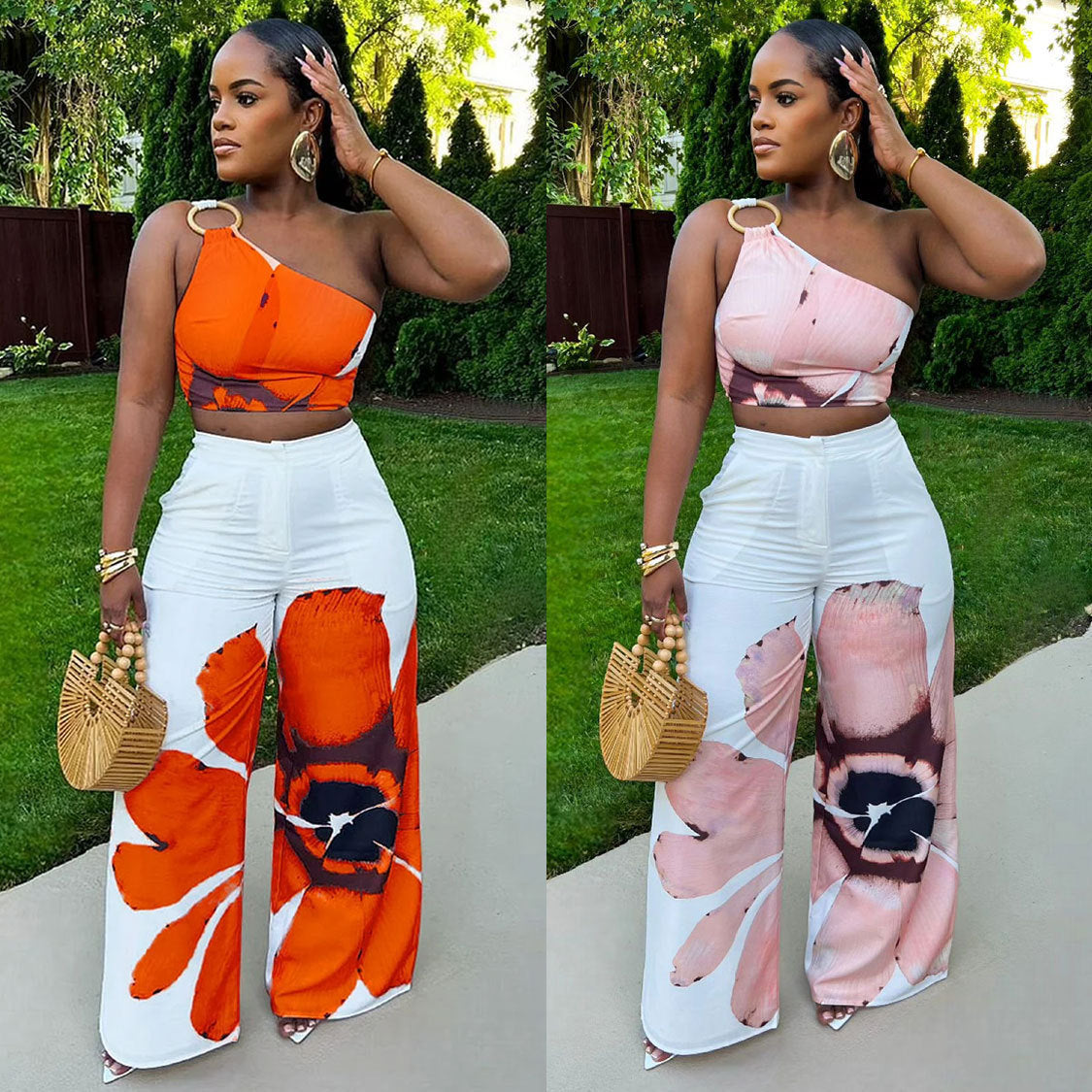 European And American Printed Shoulder Slim-fit Wide-legged Pants Two-piece Set