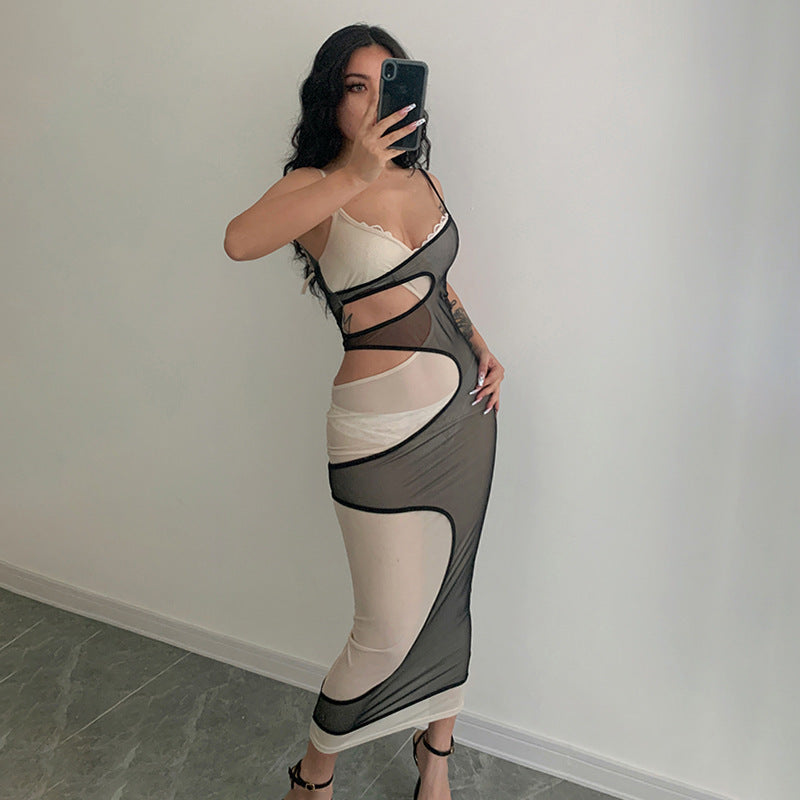 Mesh Stitching Contrast Color V-neck Hollow-out Camisole Midriff Outfit Sexy Hot Girl Temperament Jumpsuit Dress