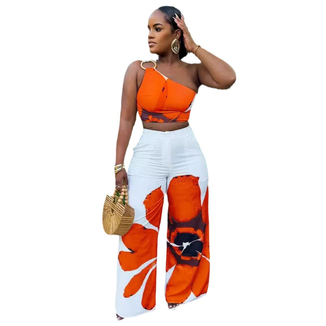 European And American Printed Shoulder Slim-fit Wide-legged Pants Two-piece Set