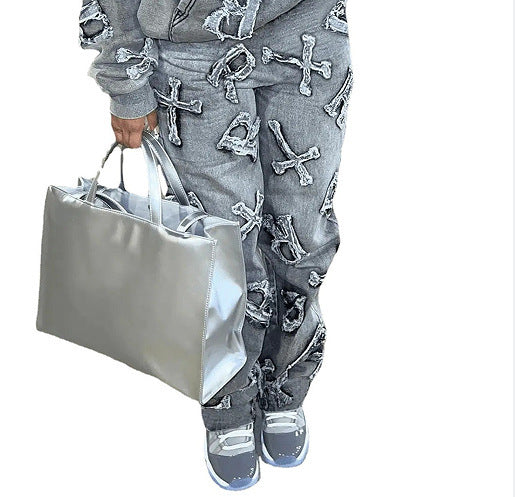 Printed Pocket Long Sleeve Sweater Trousers Suit