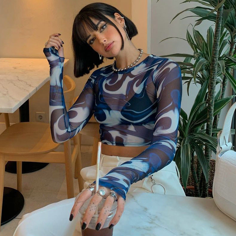 Round Neck Pullover Print Cropped Navel Sleeve Long Sleeve Casual Women's Top