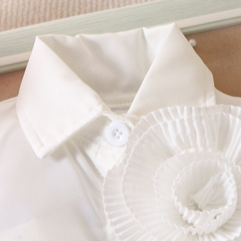 Girl's White Sleeveless Shirt With Rose Red Pleated Skirt Set