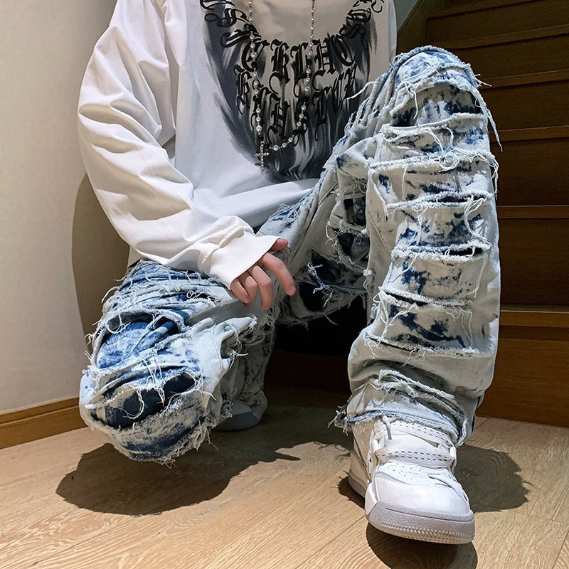 High Street Distressed Frayed Hem Vintage Denim Trousers Men's  Straight Slim Slightly Flared Long Pants