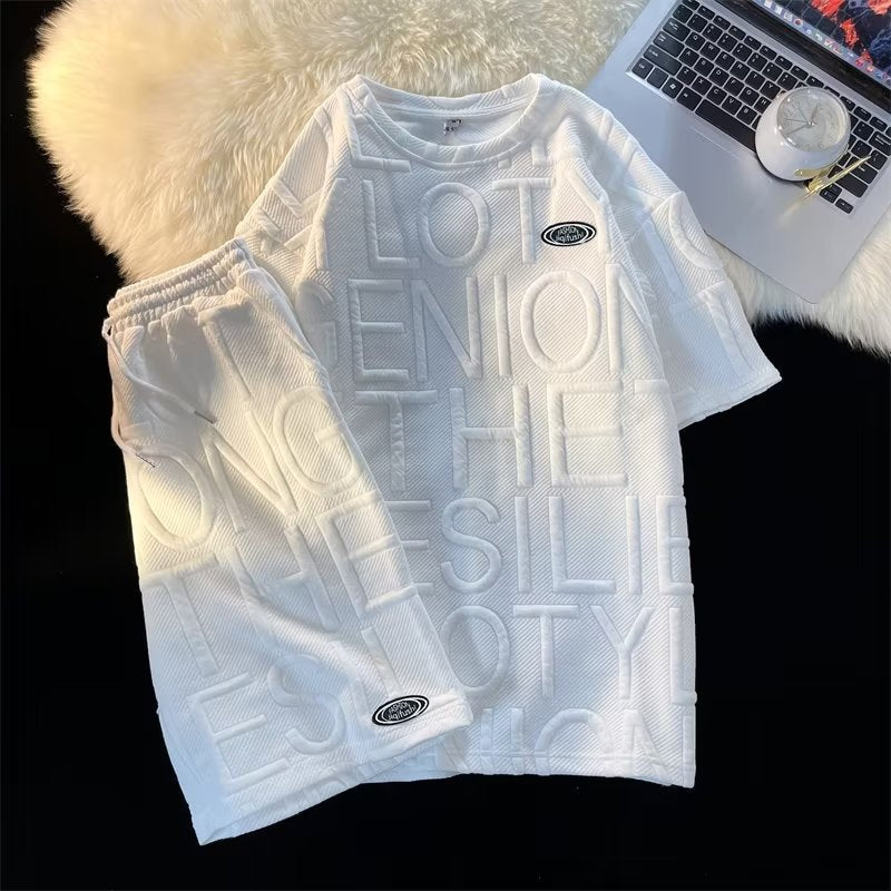 Cross-border casual tracksuit men's and women's waffle preppy short sleeve t-shirt loose letter shorts summer two