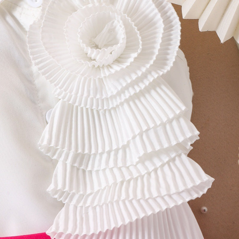 Girl's White Sleeveless Shirt With Rose Red Pleated Skirt Set