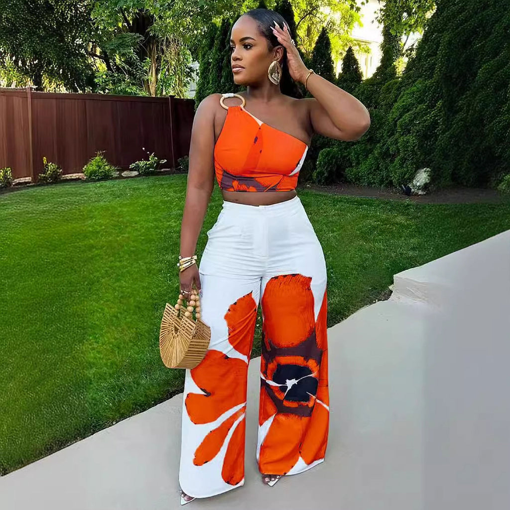 European And American Printed Shoulder Slim-fit Wide-legged Pants Two-piece Set