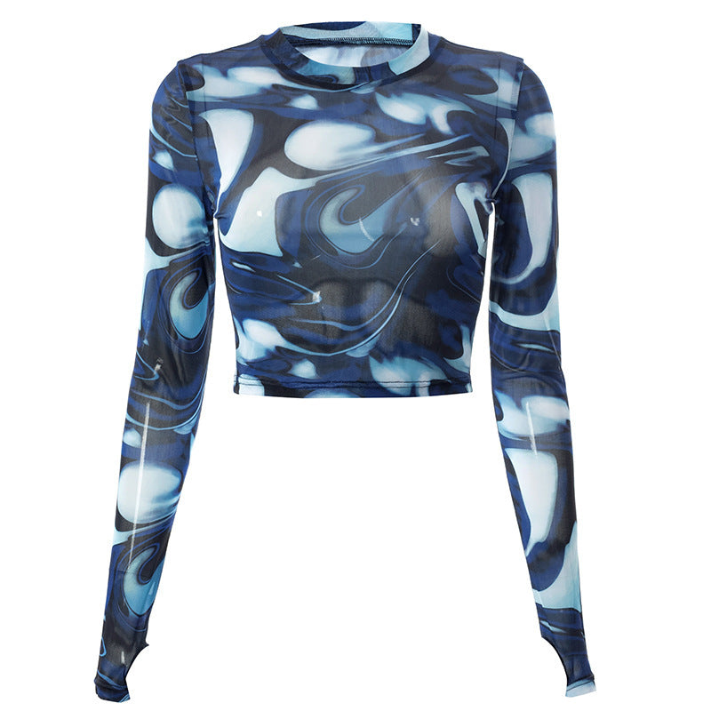 Round Neck Pullover Print Cropped Navel Sleeve Long Sleeve Casual Women's Top