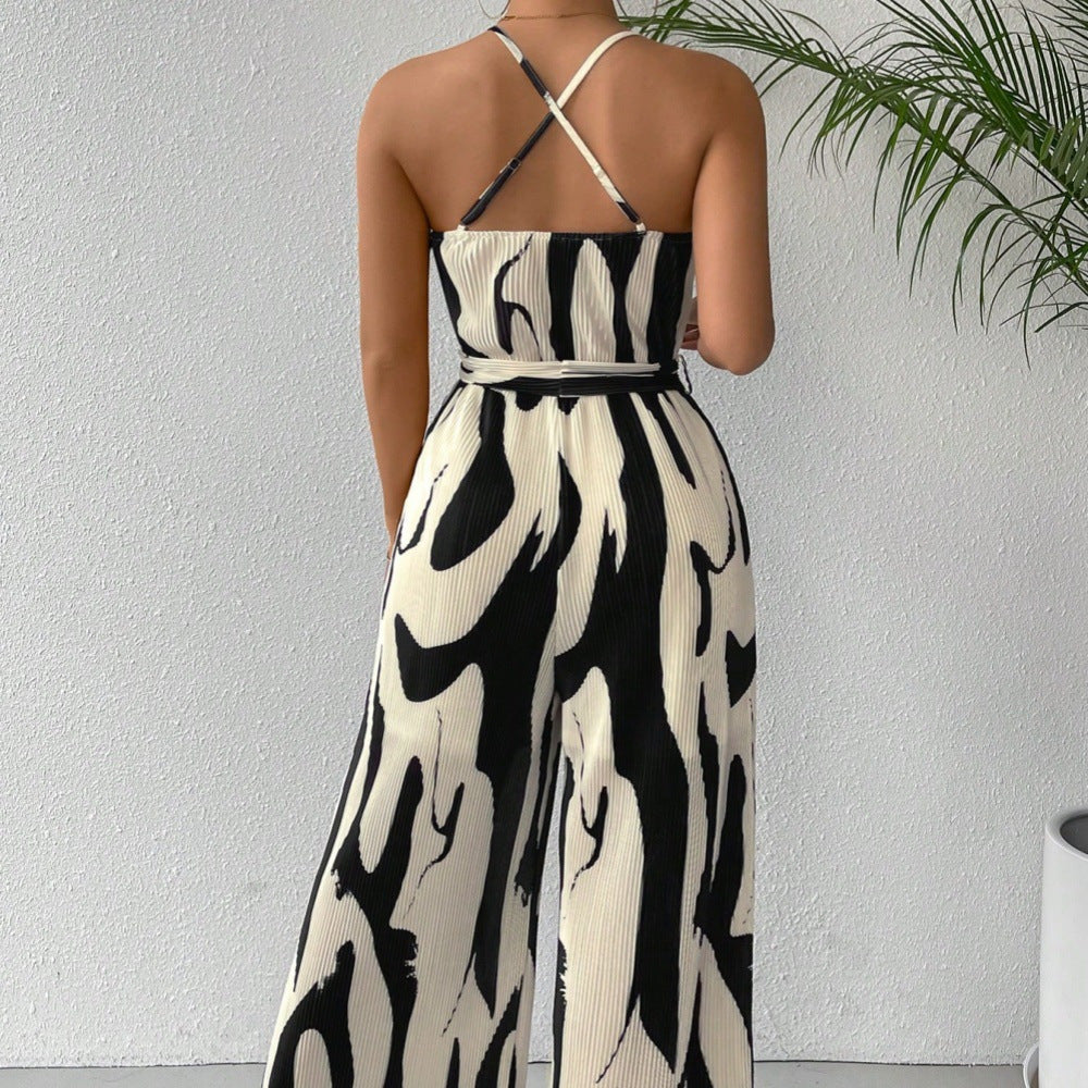 Printed Loose Women's Sleeveless Suspender Jumpsuit