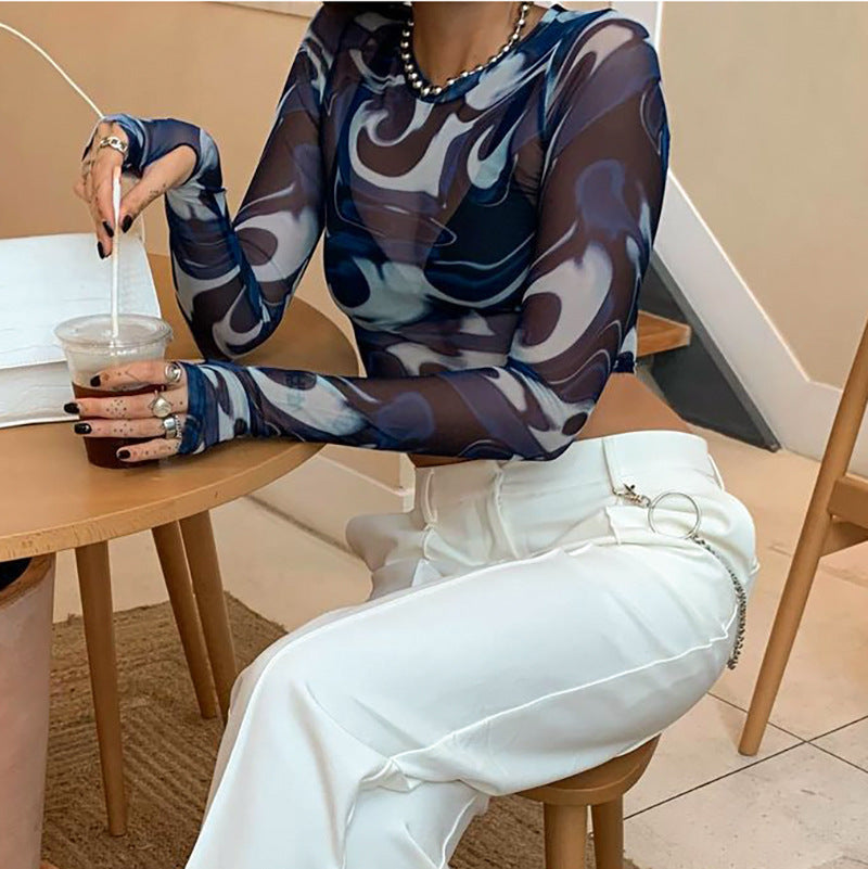 Round Neck Pullover Print Cropped Navel Sleeve Long Sleeve Casual Women's Top
