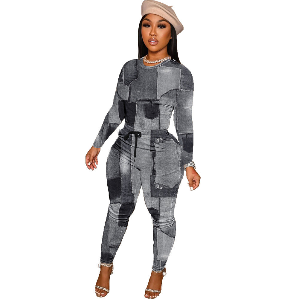 Fashion Denim Printing Two-piece Set