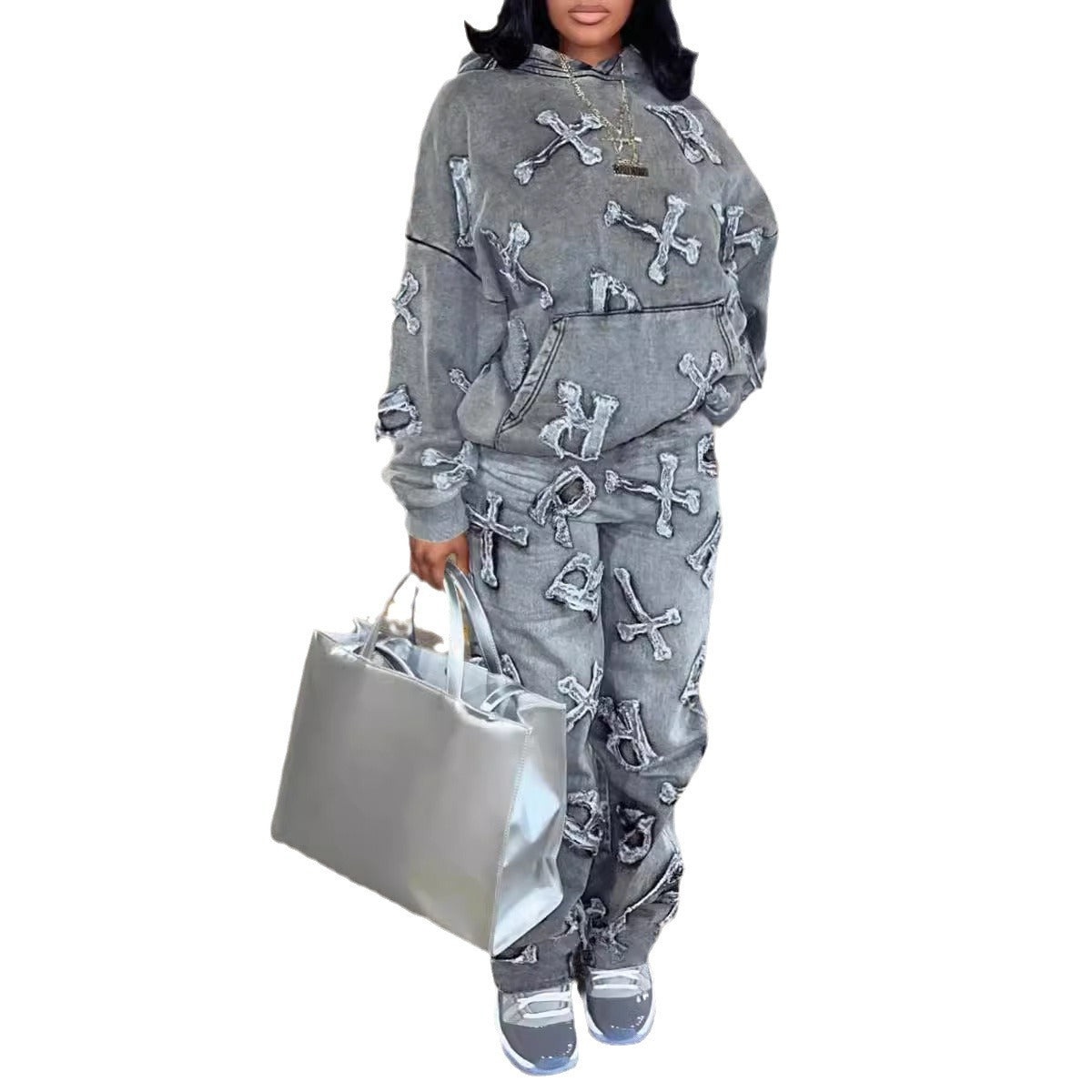 Printed Pocket Long Sleeve Sweater Trousers Suit