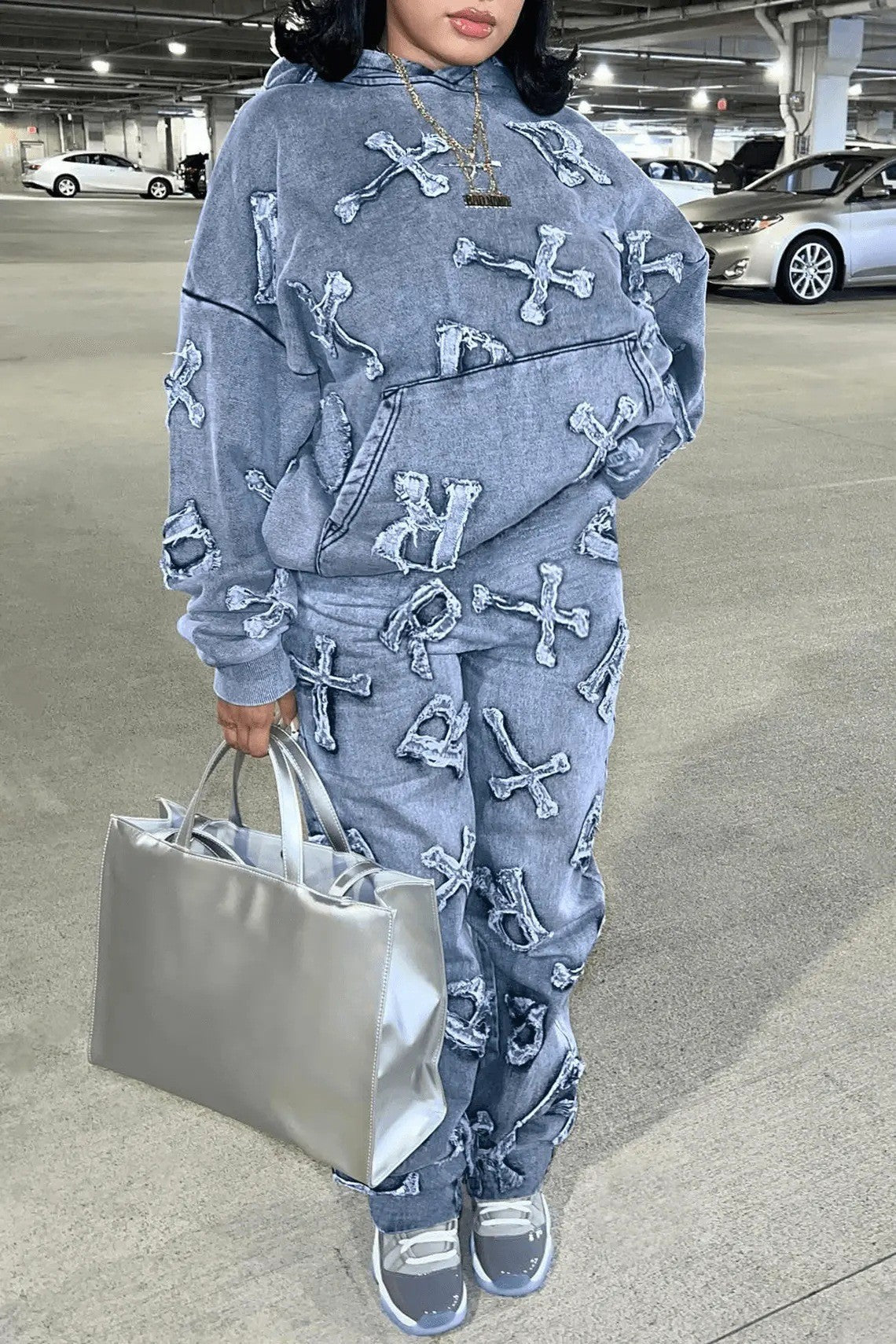 Printed Pocket Long Sleeve Sweater Trousers Suit