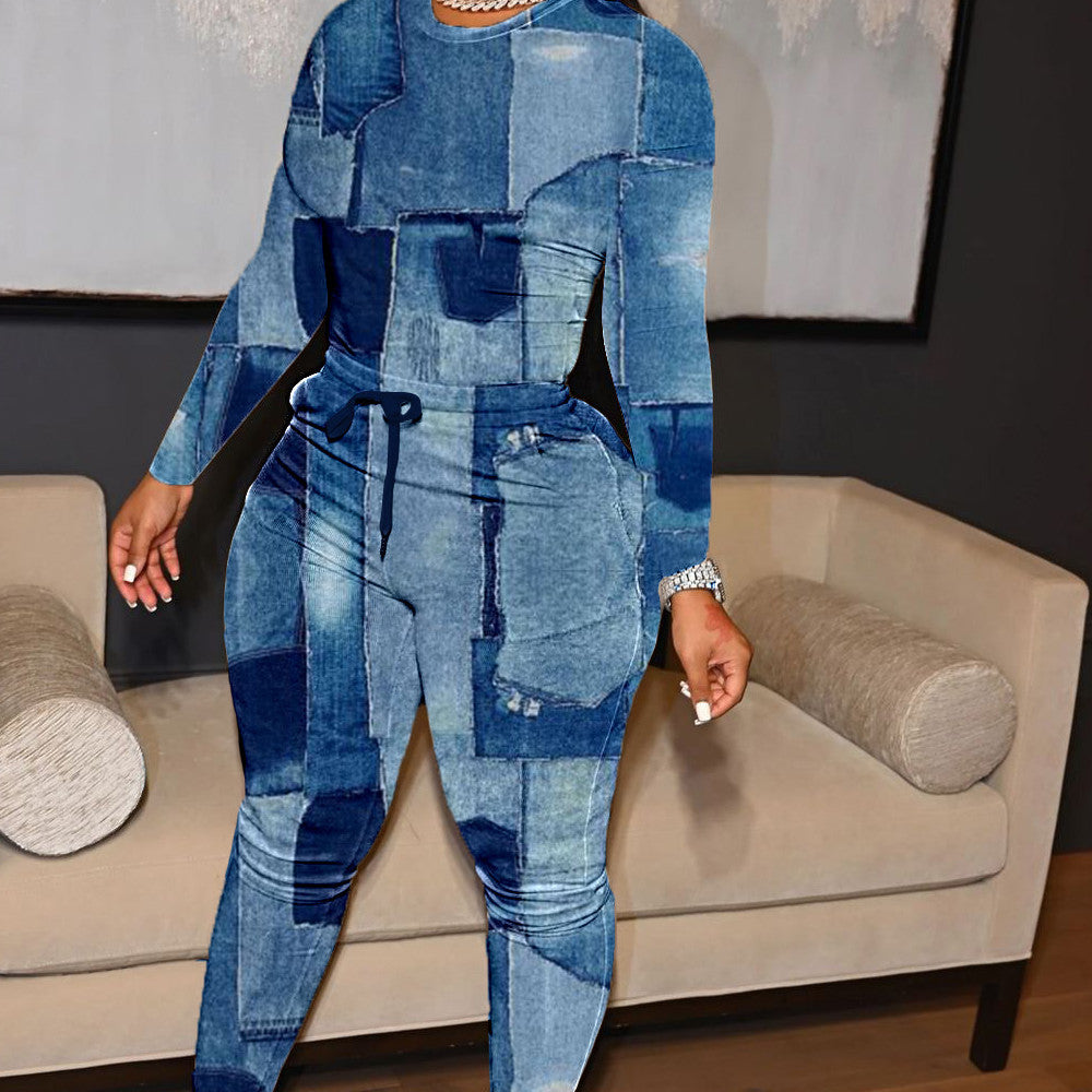 Fashion Denim Printing Two-piece Set