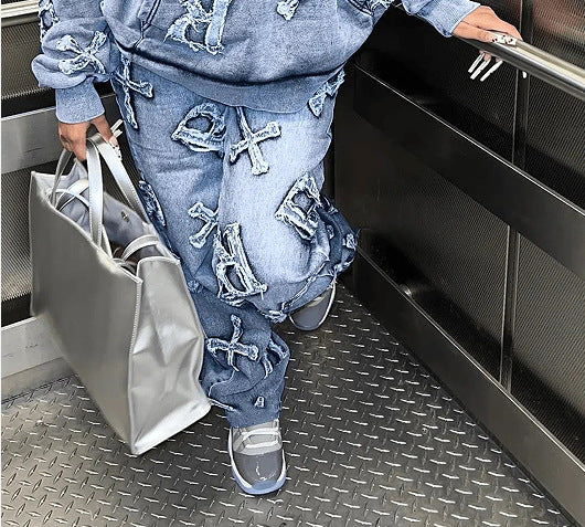 Printed Pocket Long Sleeve Sweater Trousers Suit