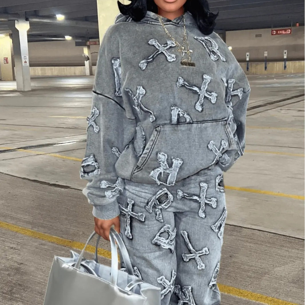 Printed Pocket Long Sleeve Sweater Trousers Suit