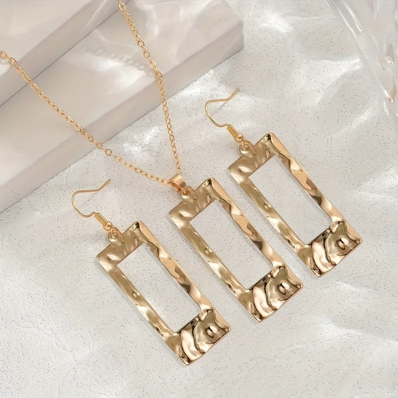 Lxalry Gold-Toned Hammered Geometric Jewelry Set, Recycled Alloy Necklace & Earrings For Women, Eco-Friendly Hypoallergenic Accessories For Daily Party Formal